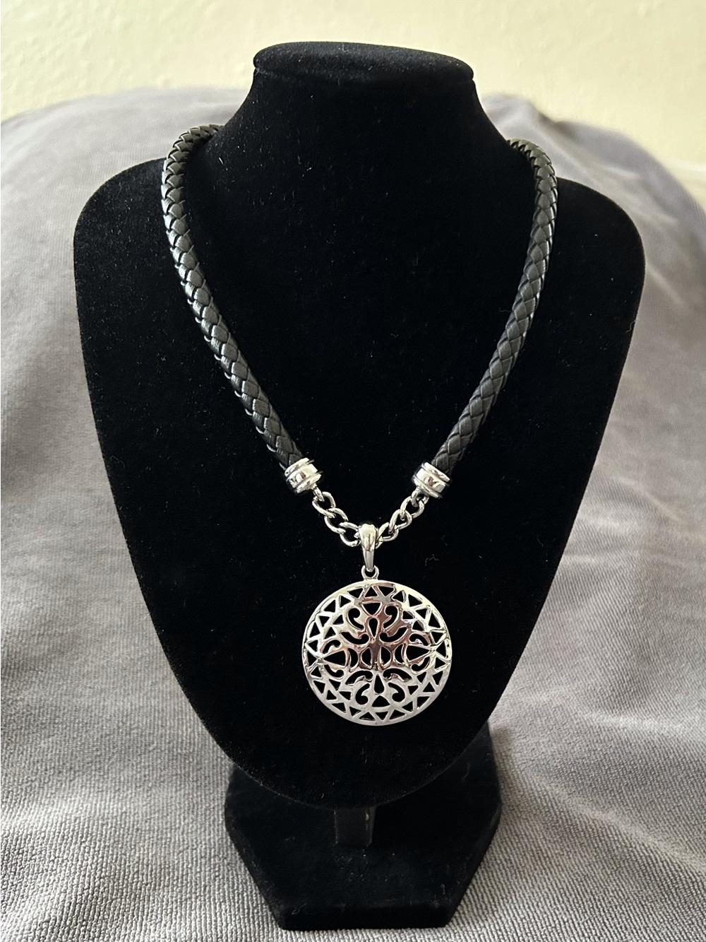 Premier Designs Silver-Plated Medallion Necklace with Black Braided Leather Cord